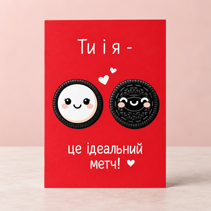 Червона романтична листівка з двома милими половинками печива у стилі Oreo, сердечками та написом "Ти і я - це ідеальний метч!"